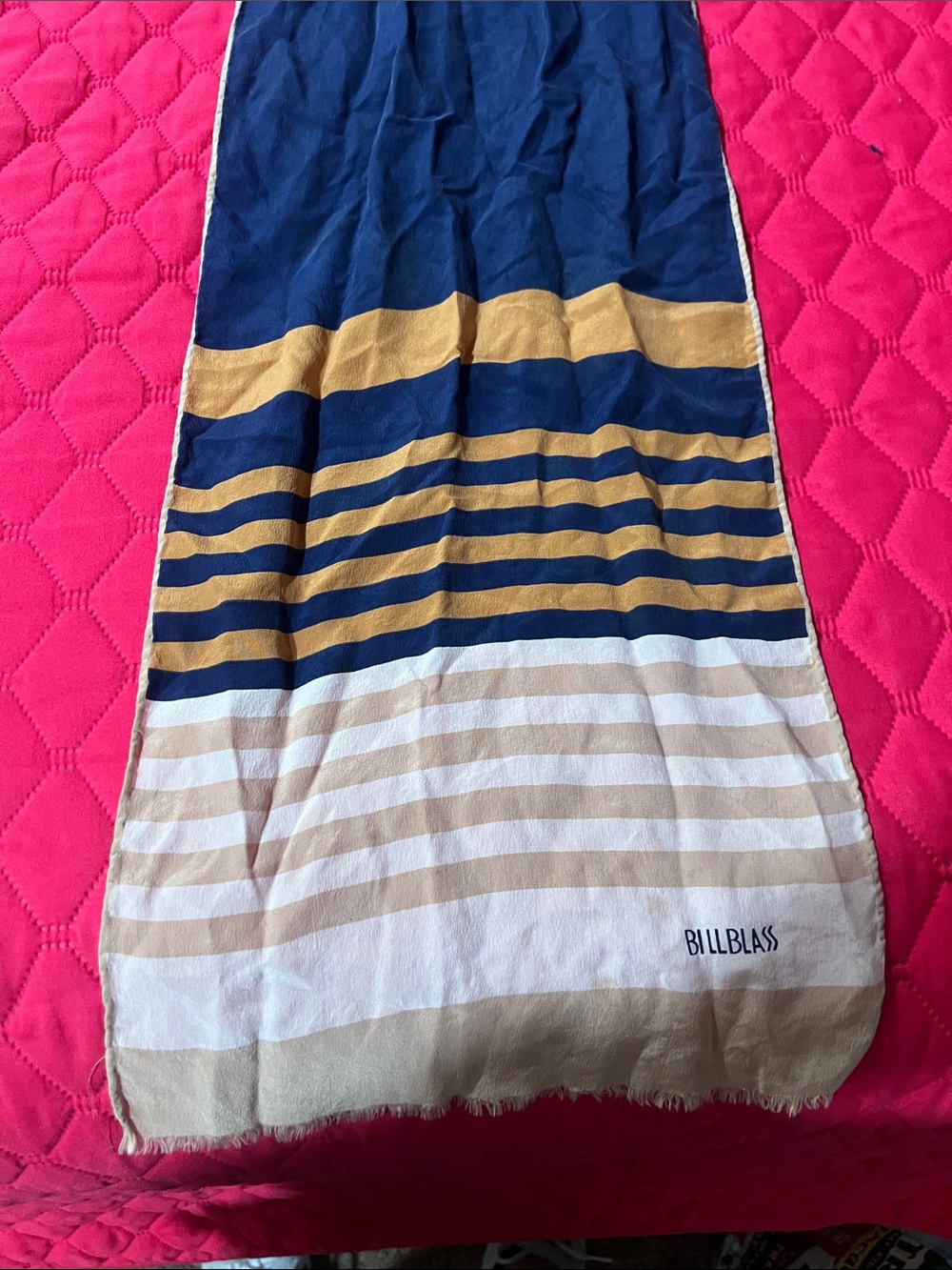 bill blass Beige and White Striped Towel with Navy Logo
